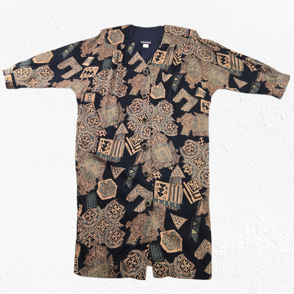 Vintage 1980s John Roberts Black Tan Oversized Abstract Print Dress Size Large - Picture 2 of 10